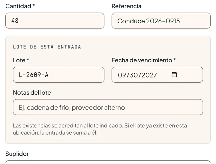 Recibir mercancía: cantidad 48, lote L-2609-A y fecha de vencimiento 09/30/2027 (datos de ejemplo)