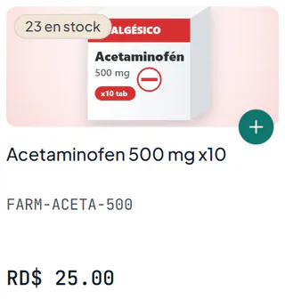 Tarjeta de producto con su existencia: Acetaminofen 500 mg x10, 23 en stock (datos de ejemplo)