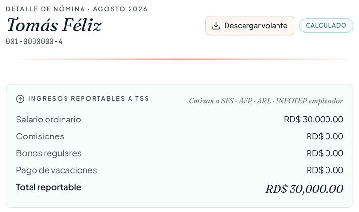 Desglose de nómina de agosto de 2026: salario ordinario de RD$ 30,000.00 reportable a la TSS (datos de ejemplo)