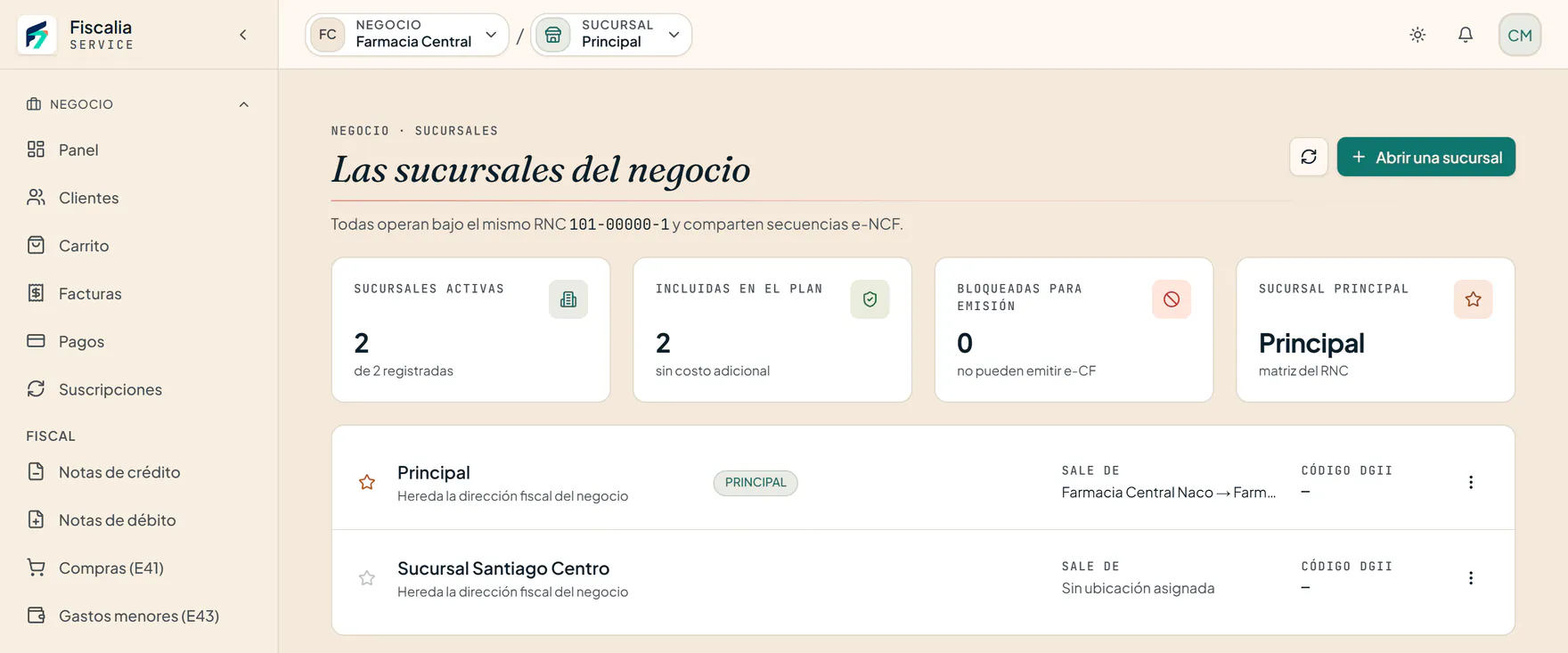 Sucursales del negocio: dos sucursales bajo el mismo RNC, con secuencias e-NCF compartidas (datos de ejemplo)